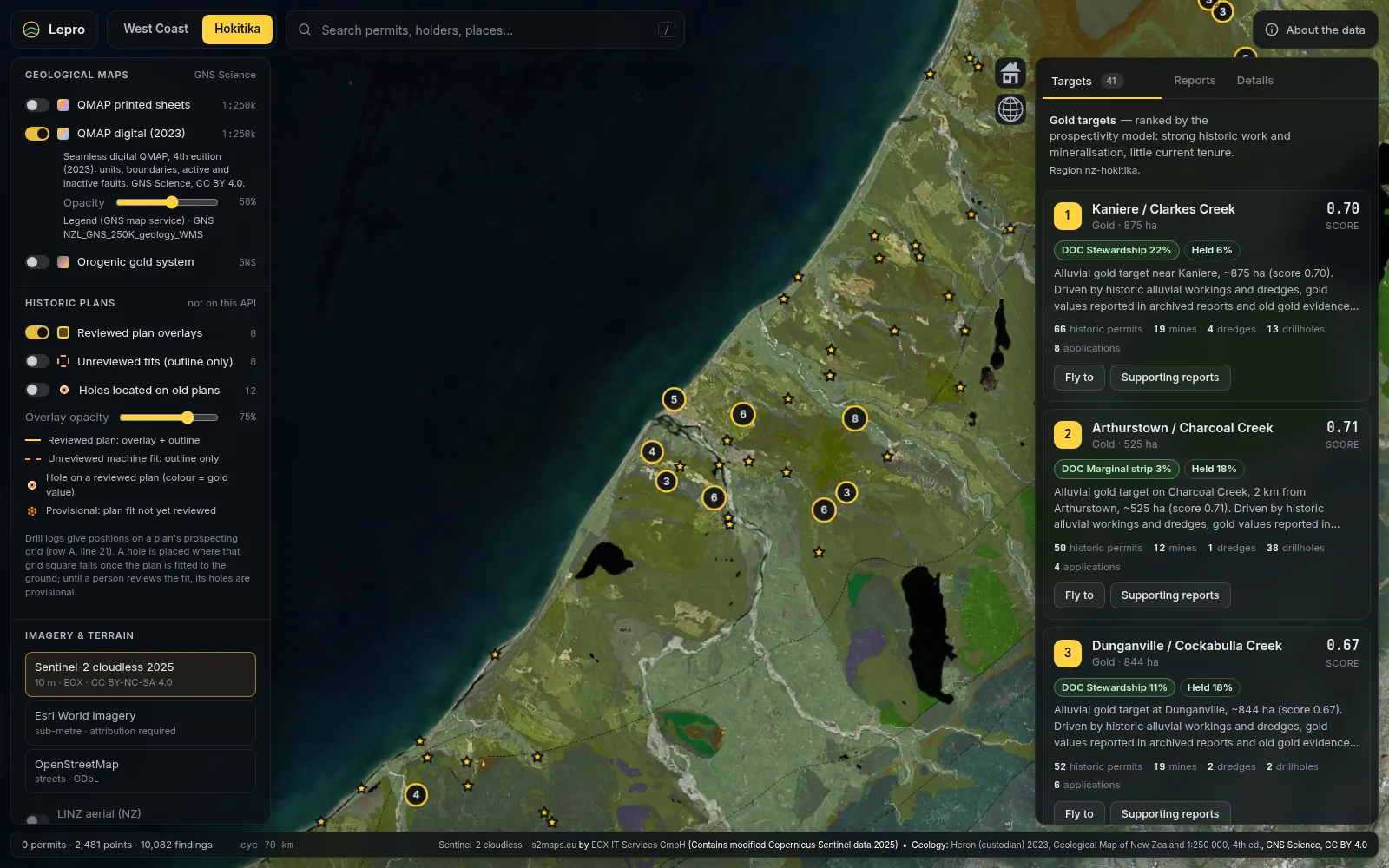GNS QMAP digital geology draped over the Hokitika district in Lepro, with recorded gold sites as stars and the ranked target list alongside.
