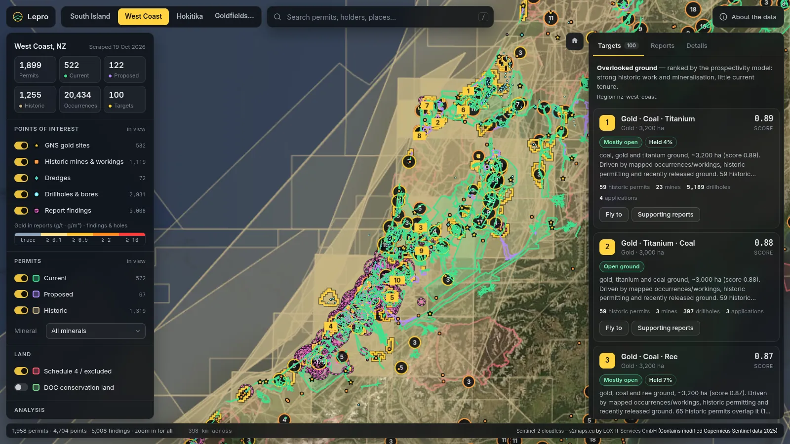 The West Coast region in Lepro with ranked targets, permits and report findings, and the target list with scores and land status.